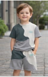 Kids 2-Piece Color Block Summer Set – Short Sleeve T-Shirt & Drawstring Shorts – Grey and Dark Teal Casual Outfit