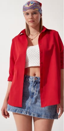 Women’s Red Oversized Button Front Shirt – Casual Long Sleeve Loose Fit Blouse – Lightweight Everyday Layering Top