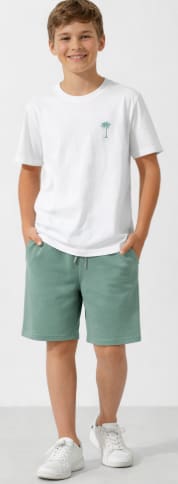 Boys White T-Shirt & Sage Green Shorts Set – Casual Summer Two Piece Outfit for Ages 14-15 – Soft Relaxed Everyday Wear