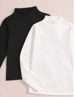 Girls 2 Pack Mock Neck Long Sleeve Tops – Black & White Basic Stretch Tops – Size 12 Years