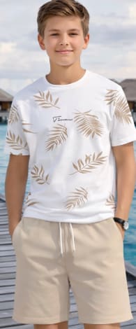 Boys White Leaf Print T-Shirt & Beige Shorts Set – Casual Summer Two Piece Outfit – Size 12 Years