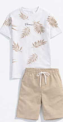Boys White Leaf Print T-Shirt & Beige Shorts Set – Casual Summer Two Piece Outfit – Size 12 Years