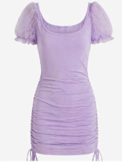 Girls Ruched Bodycon Dress with Sheer Puff Sleeves – Lavender Purple – Size 13 Years