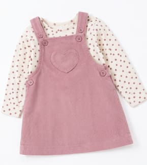 Baby Girls Pink Corduroy Pinafore Dress & Polka Dot Top Set – 2 Piece Cute Casual Outfit