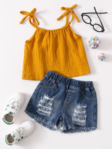 Girls Mustard Tie Strap Top & Distressed Denim Shorts Set – 2 Piece Summer Casual Outfit