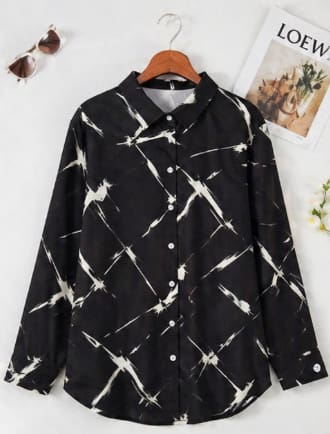 Women's Abstract Printed Button Front Shirt – Black Long Sleeve Collared Blouse – Relaxed Fit Casual Statement Top