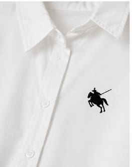 Women's Oversized White Button Front Shirt – Long Sleeve Collared Blouse – Minimal Embroidered Detail – Casual Chic Tunic