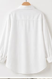 Women's Oversized White Button Front Shirt – Long Sleeve Collared Blouse – Minimal Embroidered Detail – Casual Chic Tunic