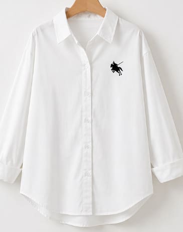 Women's Oversized White Button Front Shirt – Long Sleeve Collared Blouse – Minimal Embroidered Detail – Casual Chic Tunic