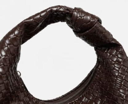Women's Woven Hobo Shoulder Bag – Dark Brown Faux Leather – Slouchy Soft Handbag – Knotted Handle