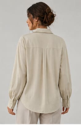 Women's Beige Button Front Utility Shirt – Long Sleeve Collared Pocket Blouse