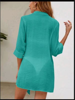 Green Button Down Shirt Dress – Casual Lightweight Summer Women Beach Cover Up