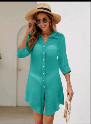 Green Button Down Shirt Dress – Casual Lightweight Summer Women Beach Cover Up