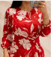 Women’s Plus Size Red Floral Midi Dress – Long Sleeve Waist-Tie Elegant Casual Dress