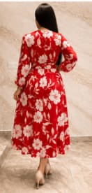 Women’s Plus Size Red Floral Midi Dress – Long Sleeve Waist-Tie Elegant Casual Dress
