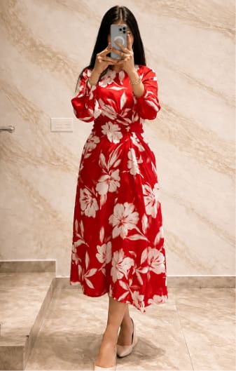 Women’s Plus Size Red Floral Midi Dress – Long Sleeve Waist-Tie Elegant Casual Dress