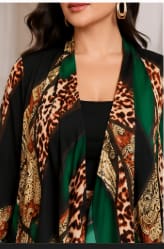 Women’s Plus Size Printed Kimono Set – Green Black Leopard Pattern Open Front Cardigan with Wide Leg Pants