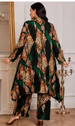 Women’s Plus Size Printed Kimono Set – Green Black Leopard Pattern Open Front Cardigan with Wide Leg Pants