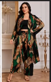Women’s Plus Size Printed Kimono Set – Green Black Leopard Pattern Open Front Cardigan with Wide Leg Pants