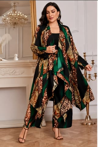 Women’s Plus Size Printed Kimono Set – Green Black Leopard Pattern Open Front Cardigan with Wide Leg Pants