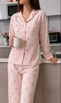 Women’s Pink Cherry Print Pajama Set – Button Front Long Sleeve Top & Matching Pants – Soft Homewear