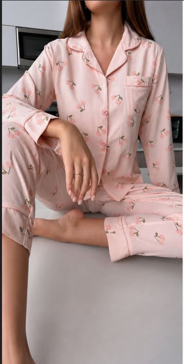 Women’s Pink Cherry Print Pajama Set – Button Front Long Sleeve Top & Matching Pants – Soft Homewear