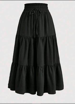 Black High Waist Tiered Midi Skirt for Women with Drawstring Waist