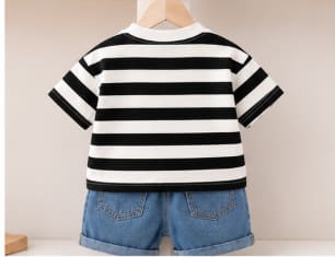 Kids Black and White Striped T-Shirt and Denim Shorts Set