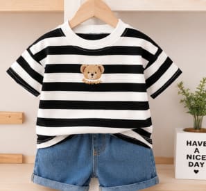 Kids Black and White Striped T-Shirt and Denim Shorts Set