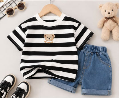 Kids Black and White Striped T-Shirt and Denim Shorts Set