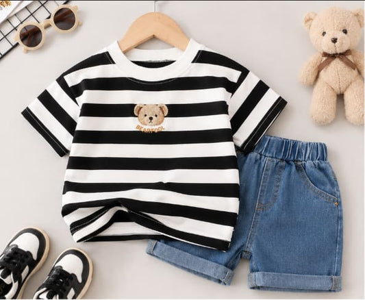Kids Black and White Striped T-Shirt and Denim Shorts Set