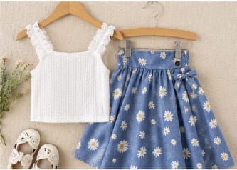Girls White Ruffle Top & Blue Daisy Skirt Set – Summer Outfit