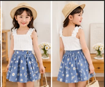 Girls White Ruffle Top & Blue Daisy Skirt Set – Summer Outfit