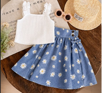 Girls White Ruffle Top & Blue Daisy Skirt Set – Summer Outfit