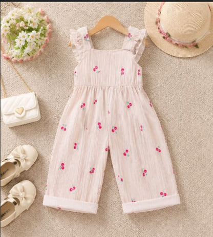 Girls White Cherry Print Sleeveless Jumpsuit – Ruffle Strap Summer Outfit
