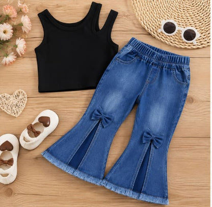 Baby Girls Black Sleeveless Top & Blue Denim Flared Pants Set – Casual Outfit
