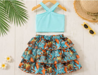 Baby Girls Mint Cross Strap Top and Tropical Ruffle Skirt Set