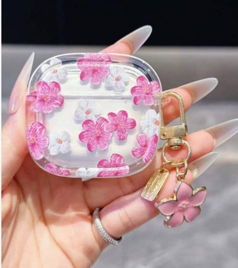 Clear Floral AirPods Case with Pink Flower Keychain