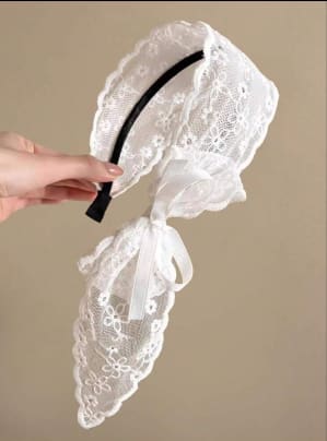 Women’s White Lace Headband Scarf with Ribbon Bow