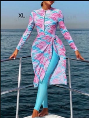 Women’s Modest Pink and Blue Printed Burkini Swimsuit Set with Wrap Skirt and Leggings