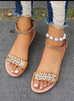 Women’s Camel Rhinestone Embellished Ankle Strap Flat Sandals