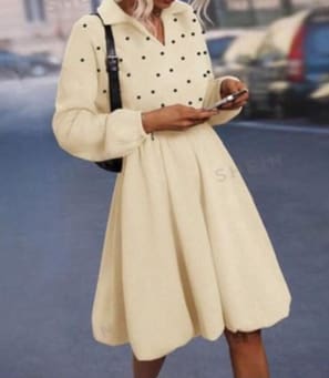 Women’s Cream Polka Dot Long Sleeve Mini Dress with Collar