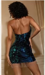 Women’s Blue Green Sequin Halter Mini Dress with Fringe Hem