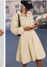 Women’s Cream Polka Dot Long Sleeve Mini Dress with Collar