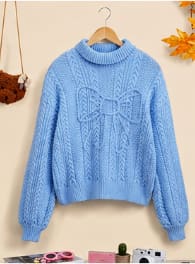 Women’s Blue Cable Knit Sweater with Bow Detail