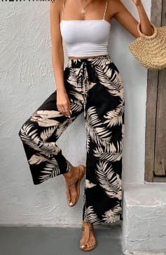 Women’s Black Tropical Print Wide Leg Pants