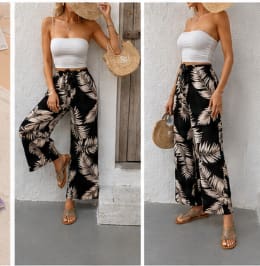 Women’s Black Tropical Print Wide Leg Pants