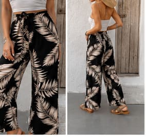 Women’s Black Tropical Print Wide Leg Pants