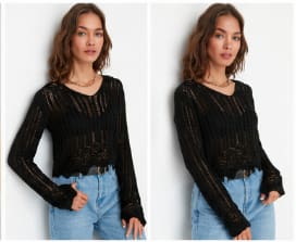 Women’s Black Open Knit Crochet Long Sleeve Top