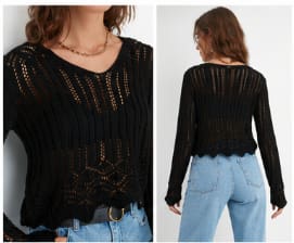 Women’s Black Open Knit Crochet Long Sleeve Top